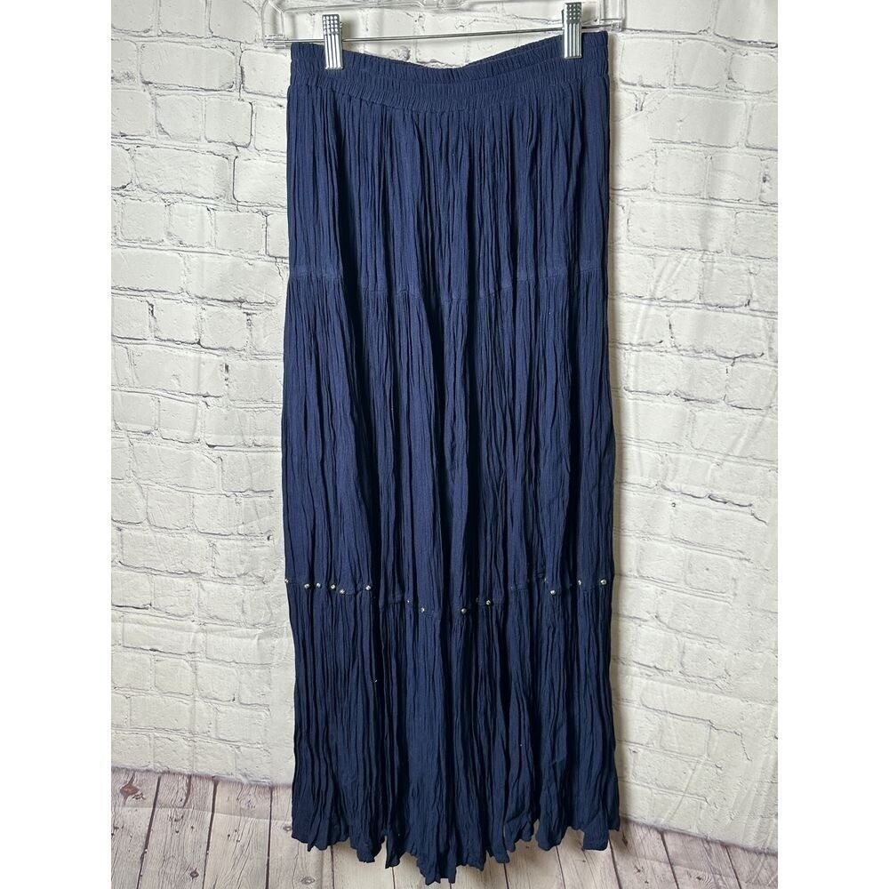 PATRICIA WOLF  Navy Blue Pleated Maxi Skirt with Button Details Boho‎ Chic